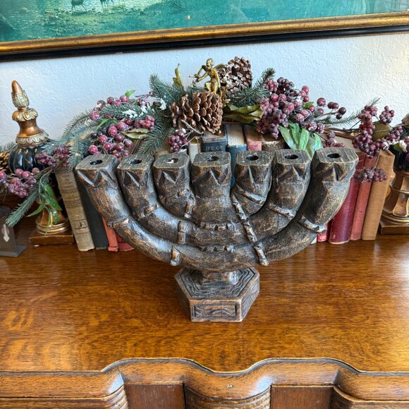 Vintage Large Carved Wood 7 Branch Menorah/Candelabra Signed - Picture 10 of 17